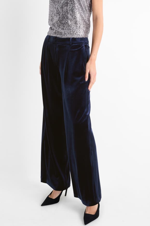 Dámské - Sametové business kalhoty - high waist - wide fit - tmavomodrá