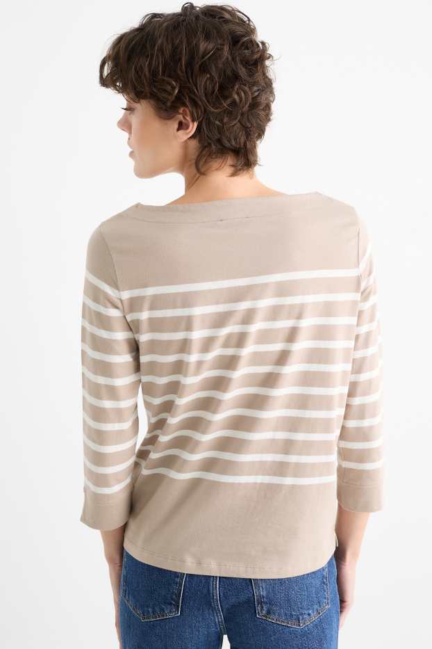 Dames - Basic longsleeve - gestreept - licht beige