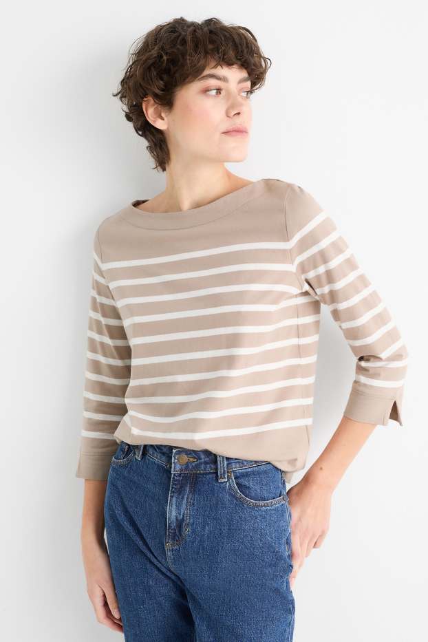 Dames - Basic longsleeve - gestreept - licht beige