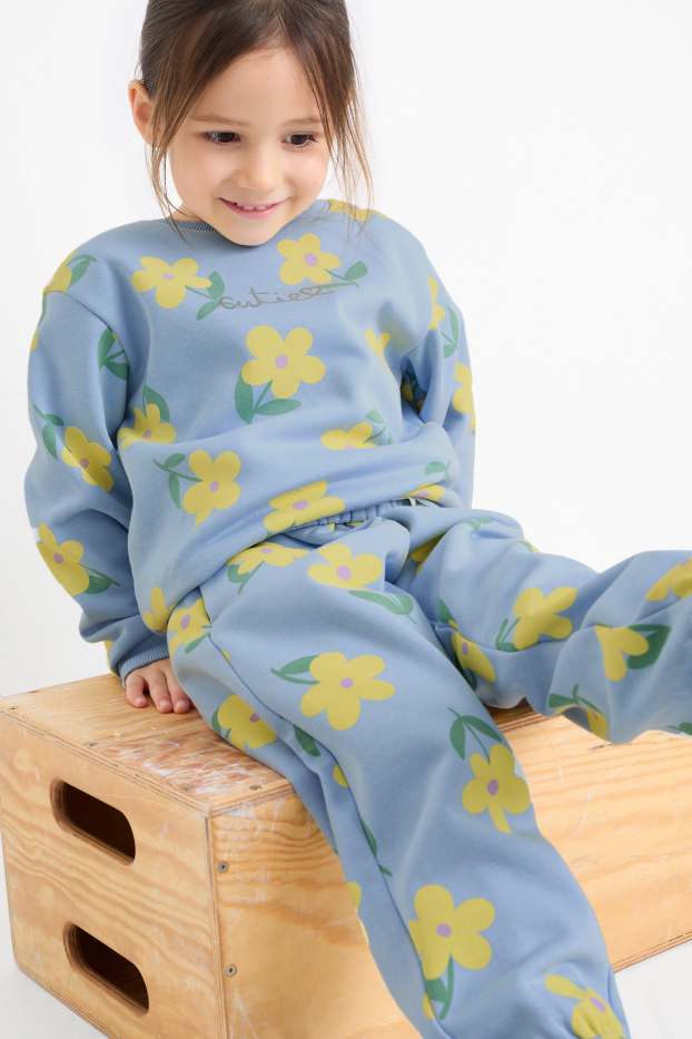 Copii - Fete - Floare - set - bluză de molton și pantaloni de trening - 2 piese - albastru deschis