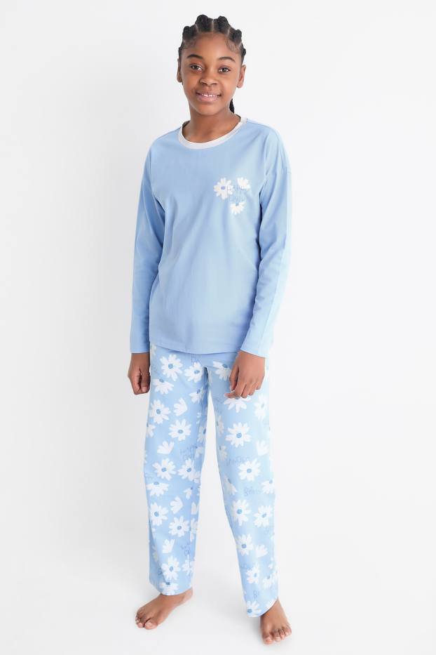 Children Girls - Floral - pyjamas - 2 piece - light blue