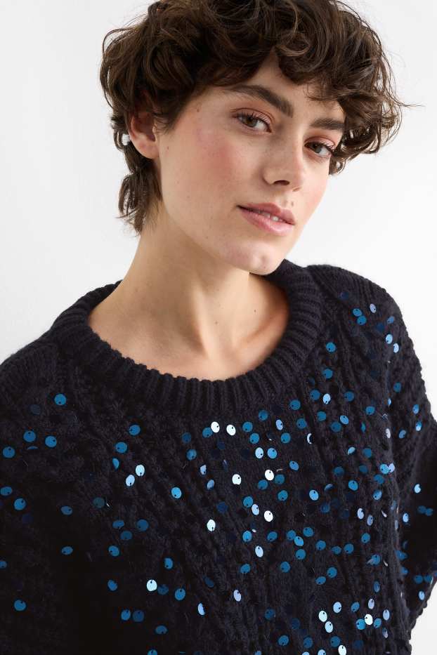 Femei - Pulover - aspect lucios - cu torsade - albastru închis