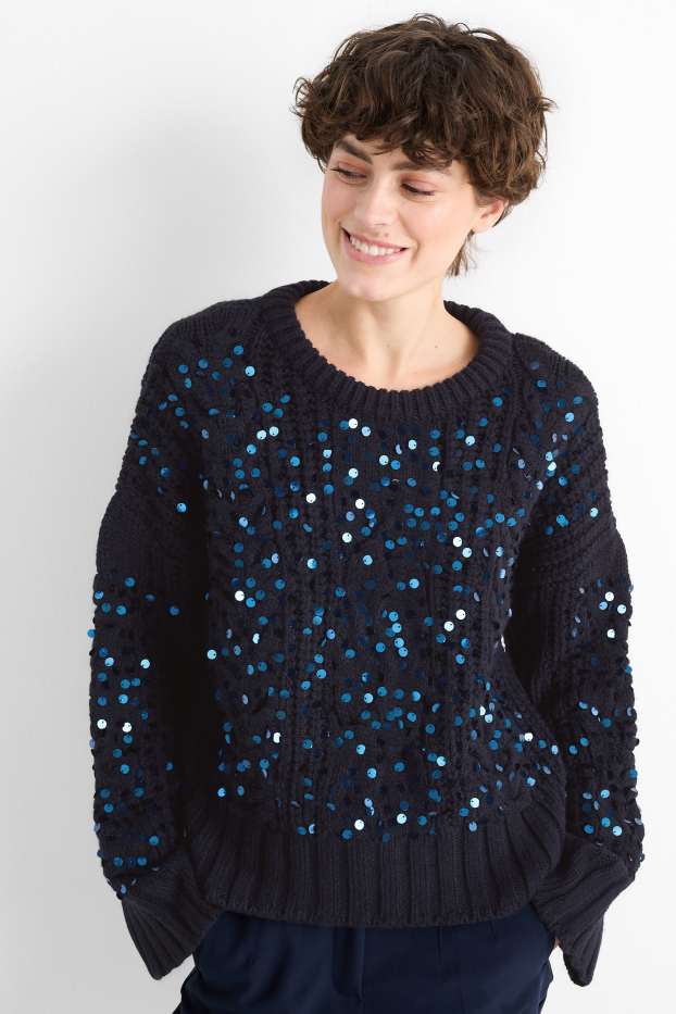 Femei - Pulover - aspect lucios - cu torsade - albastru închis