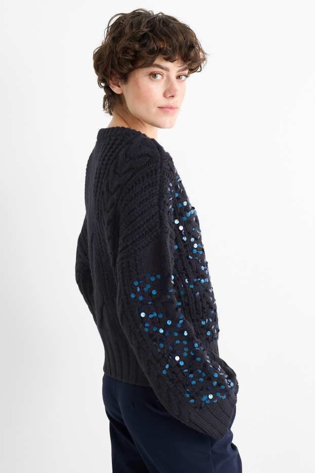 Femei - Pulover - aspect lucios - cu torsade - albastru închis