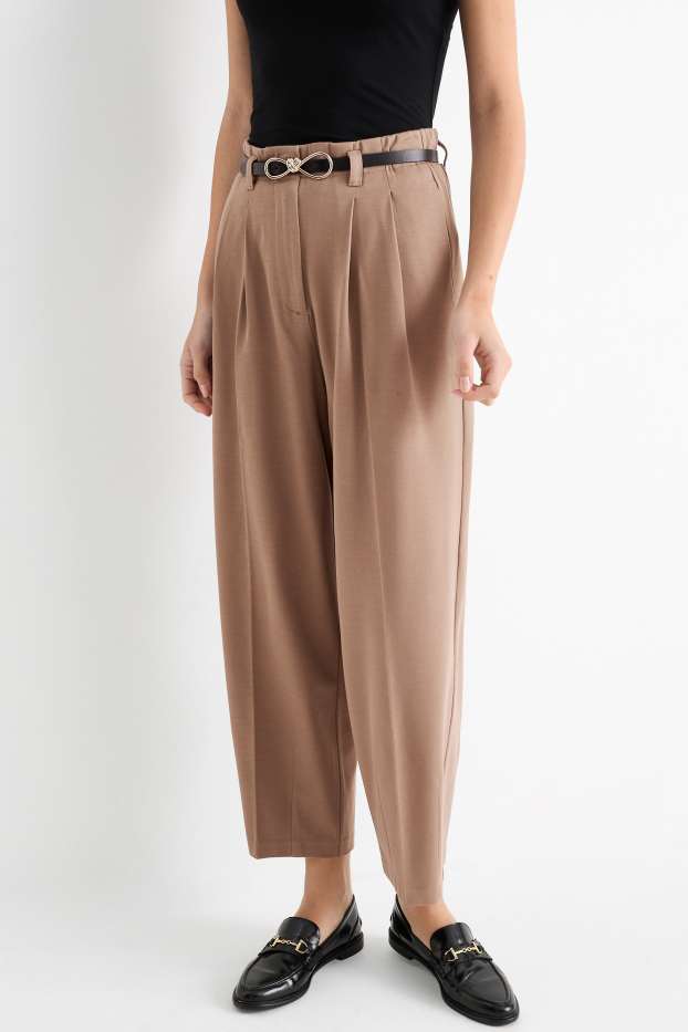 Femei - Pantaloni de stofă cu curea - talie înaltă - wide leg - maro deschis