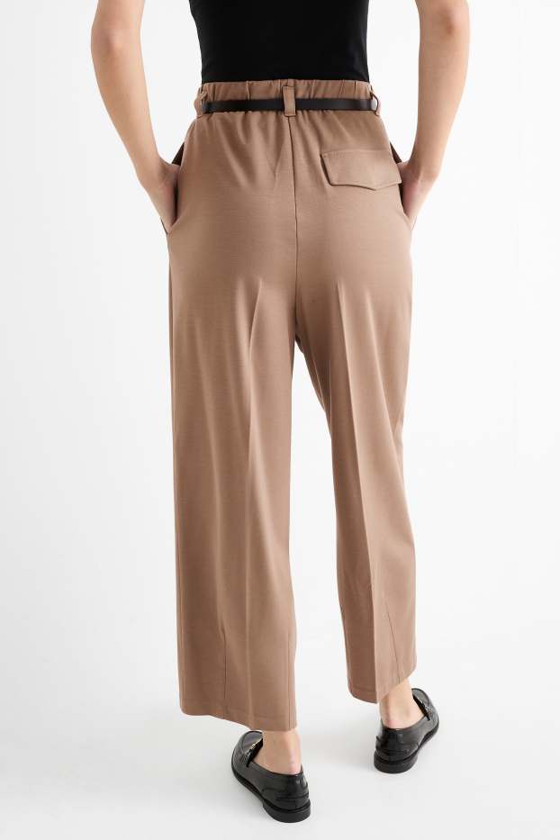 Femei - Pantaloni de stofă cu curea - talie înaltă - wide leg - maro deschis