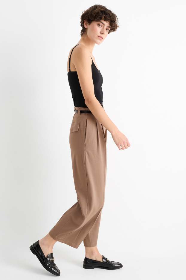 Femei - Pantaloni de stofă cu curea - talie înaltă - wide leg - maro deschis