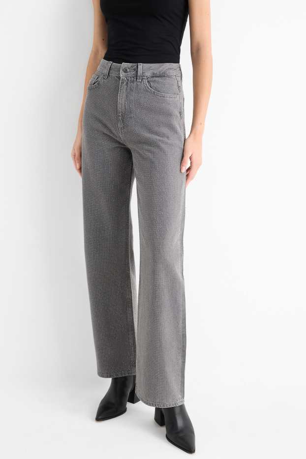Damen - Loose Fit Jeans mit Strasssteinen - High Waist - grau