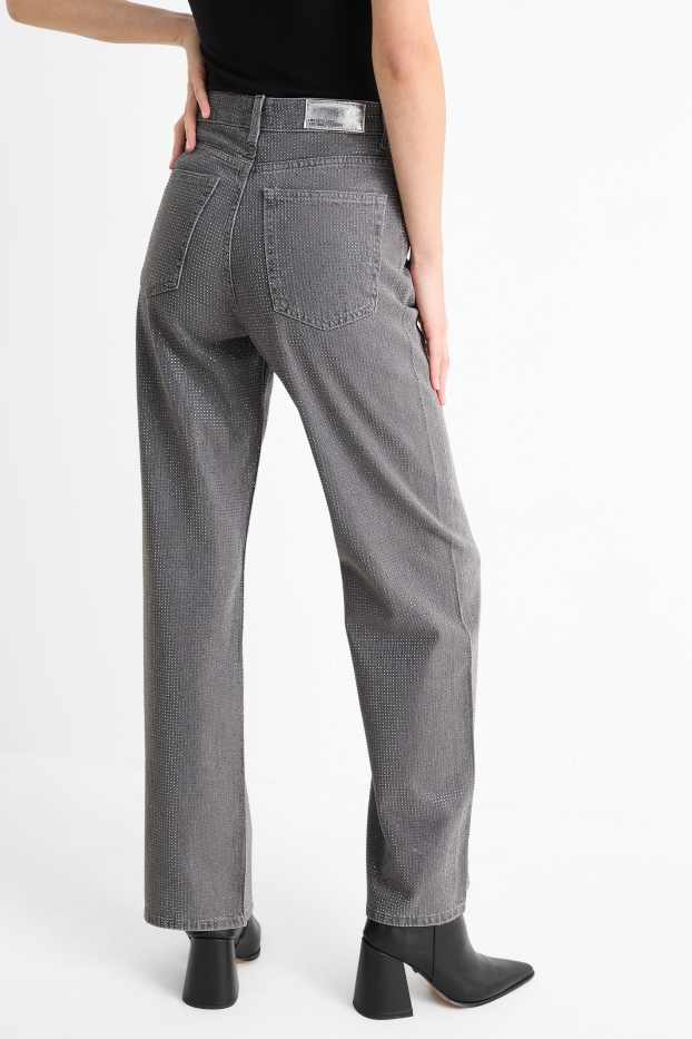 Damen - Loose Fit Jeans mit Strasssteinen - High Waist - grau