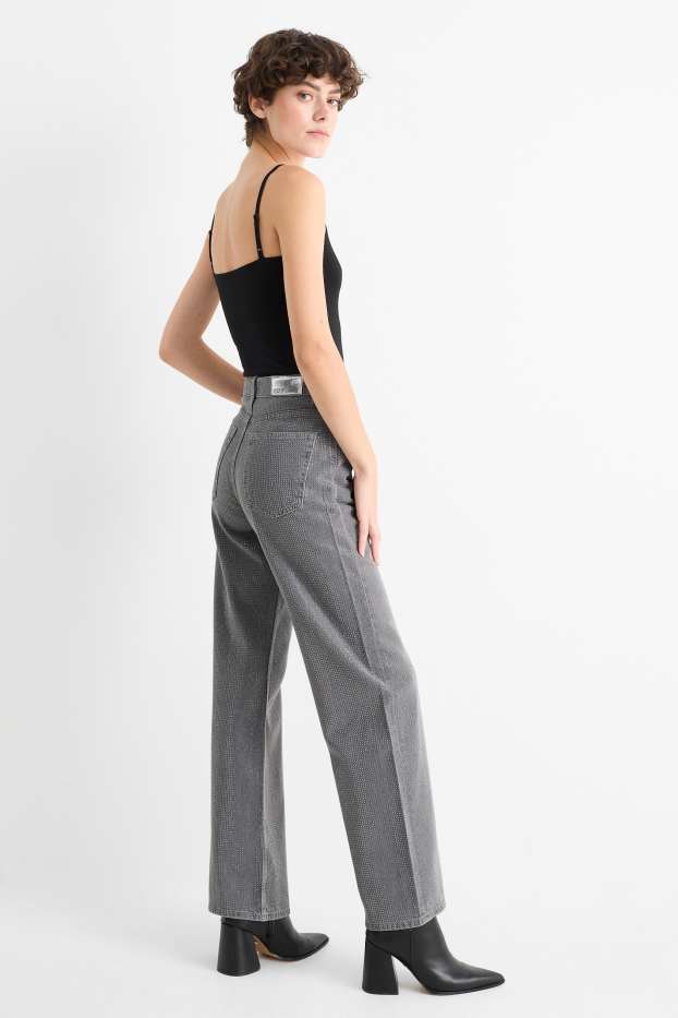 Damen - Loose Fit Jeans mit Strasssteinen - High Waist - grau