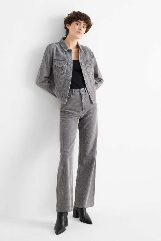 Damen - Loose Fit Jeans mit Strasssteinen - High Waist - grau