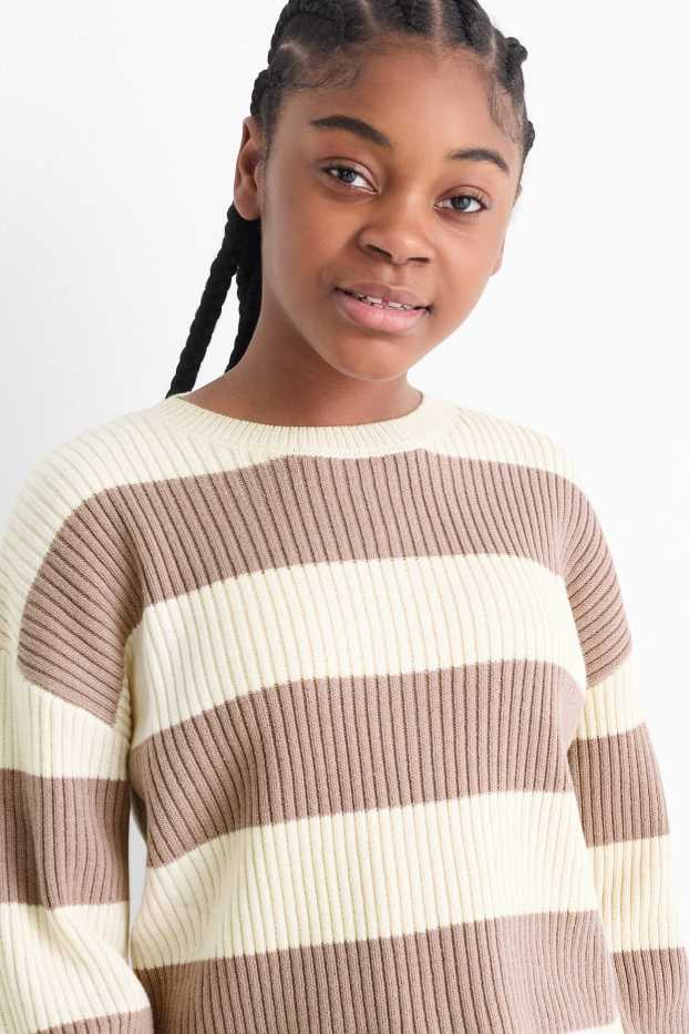 Kinder Mädchen - Pullover - gerippt - gestreift - cremeweiß