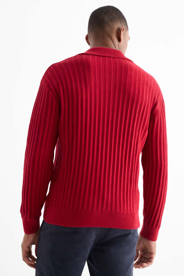 Hommes - Pull à col V - côtelé - rouge foncé