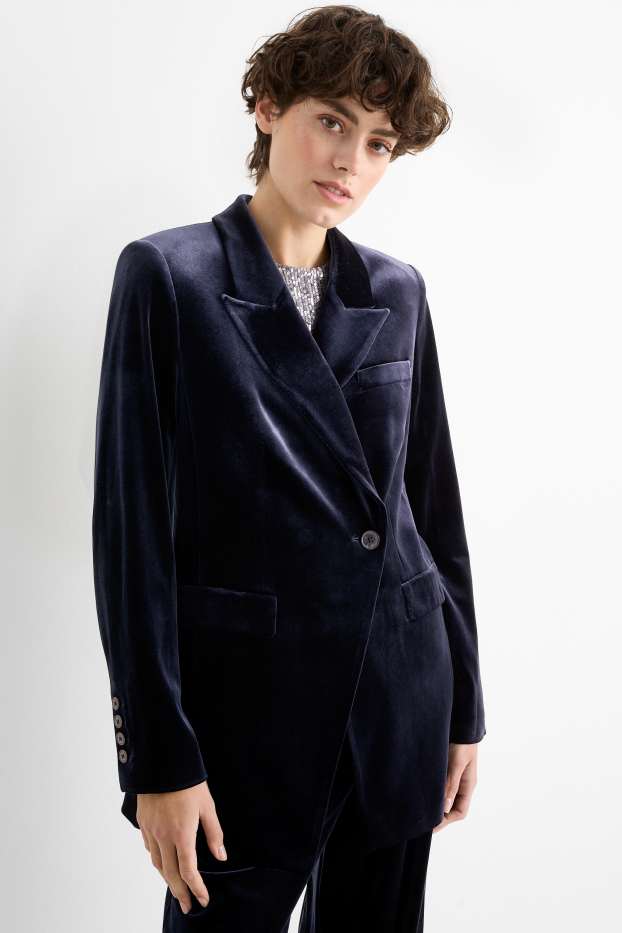 Donna - Blazer lungo di velluto - regular fit - blu scuro