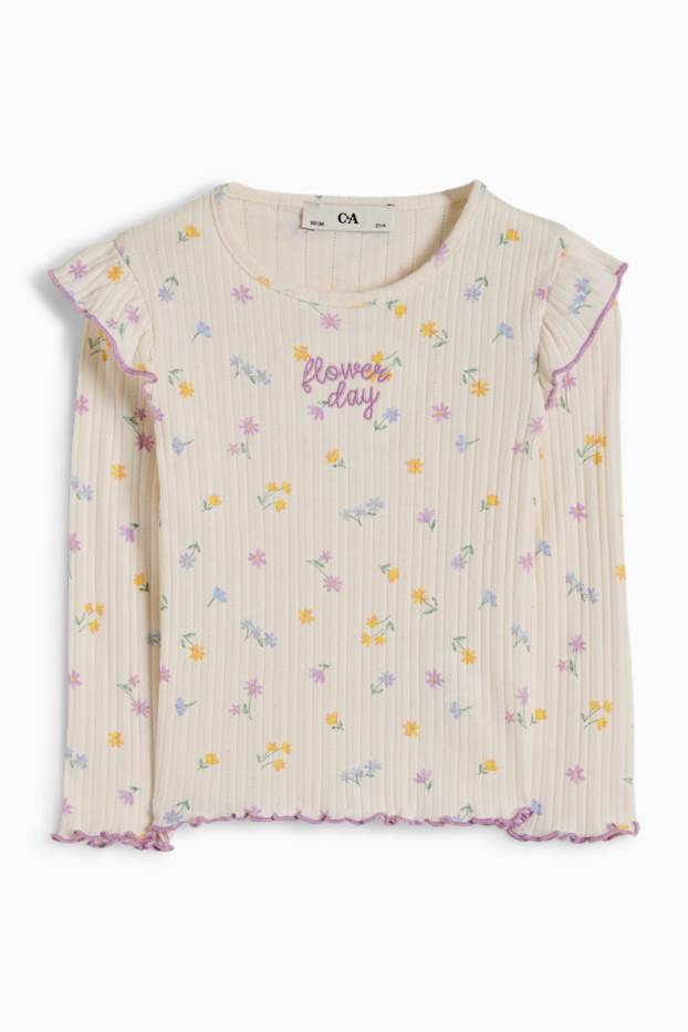 Copii - Fete - Floare - tricou cu mânecă lungă - reiat - alb-crem