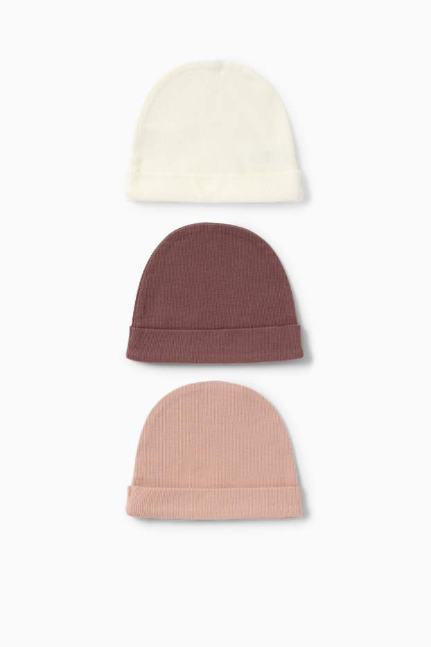 Bébés filles - Lot de 3 - beanie pour bébé - finition côtelée - beige