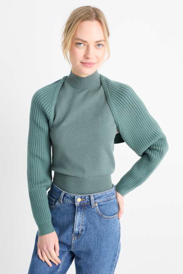 Donna - Set - top in maglia e bolero - 2 pezzi - turchese
