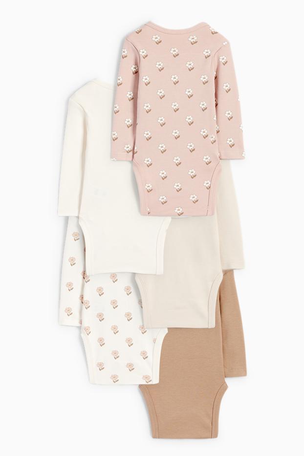 Baby: meisjes - Set van 5 - konijntje en bloemetje - rompertje - beige