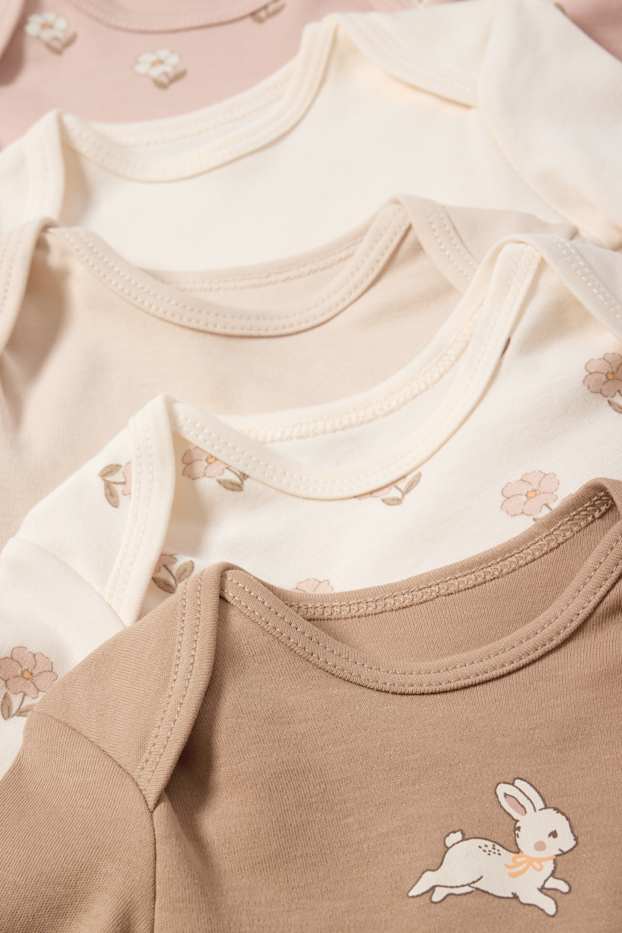 Baby: meisjes - Set van 5 - konijntje en bloemetje - rompertje - beige
