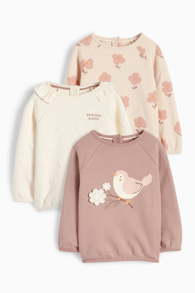 Baby Mädchen - Multipack 3er - Blümchen und Vögelchen - Baby-Sweatshirt - dunkelrosa