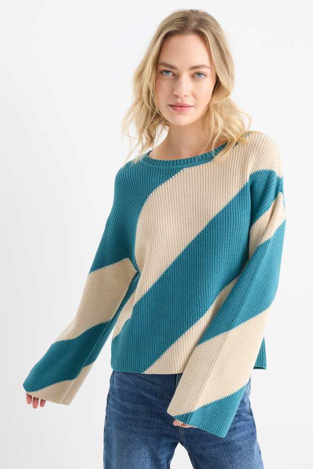 Women - Jumper - ribbed - striped - turquoise