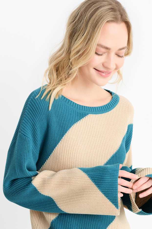 Women - Jumper - ribbed - striped - turquoise