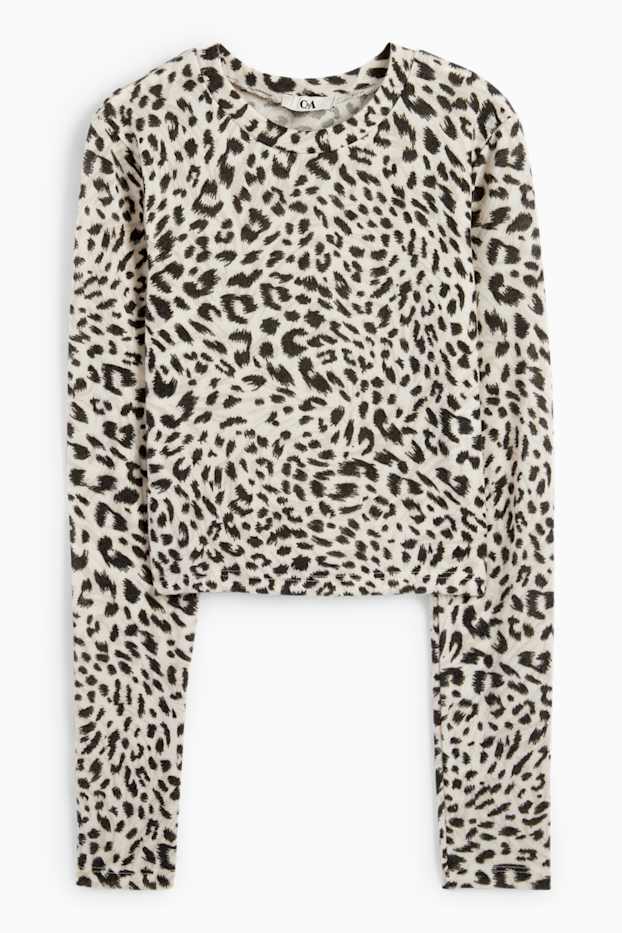 Donna - Maglia a maniche lunghe taglio corto - stampa leopardata - nero / bianco