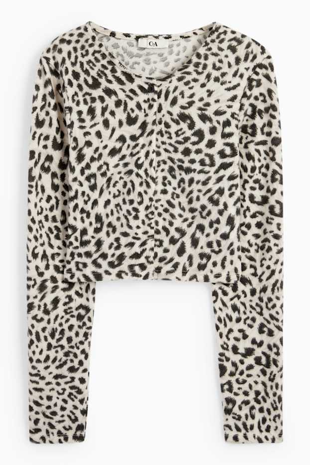 Damen - Crop Strickjacke - Leo-Print - schwarz / weiß