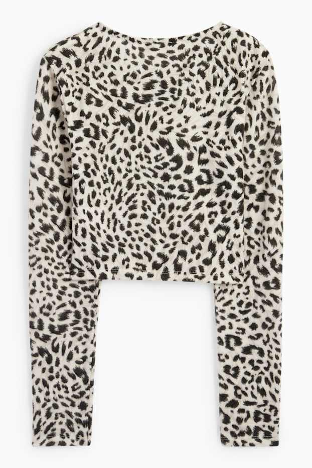 Damen - Crop Strickjacke - Leo-Print - schwarz / weiß
