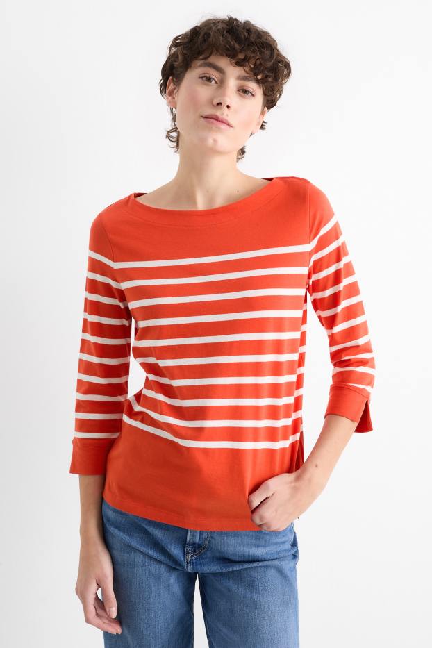 Damen - Basic-Langarmshirt - gestreift - orange