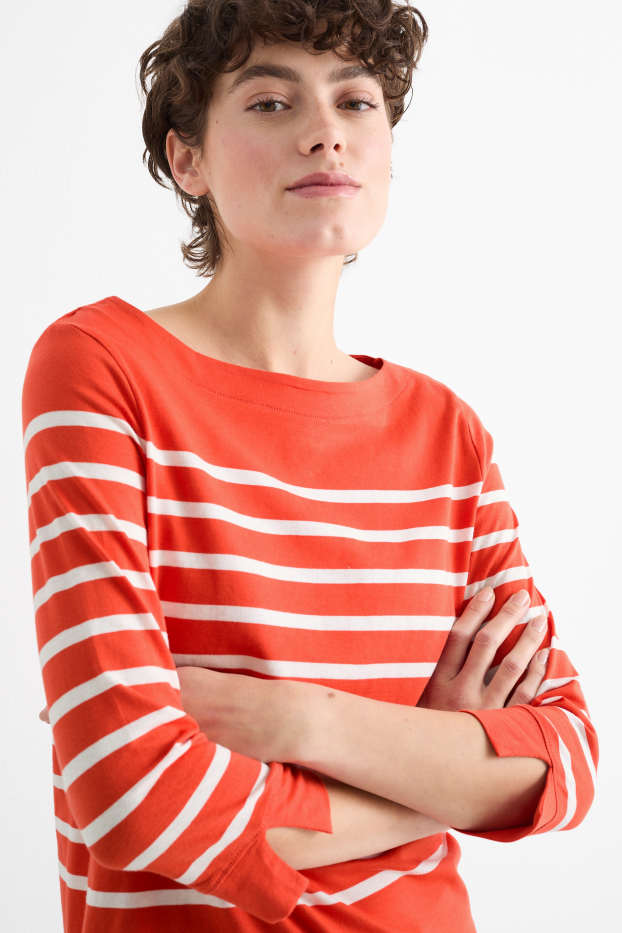 Damen - Basic-Langarmshirt - gestreift - orange