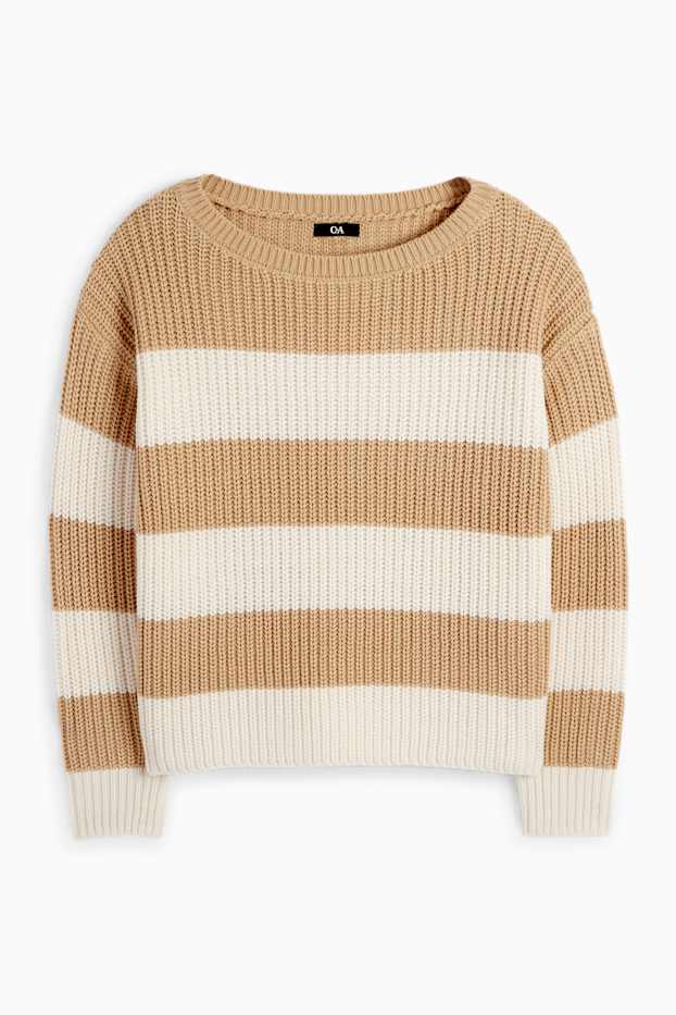Women - Jumper - ribbed - striped - beige
