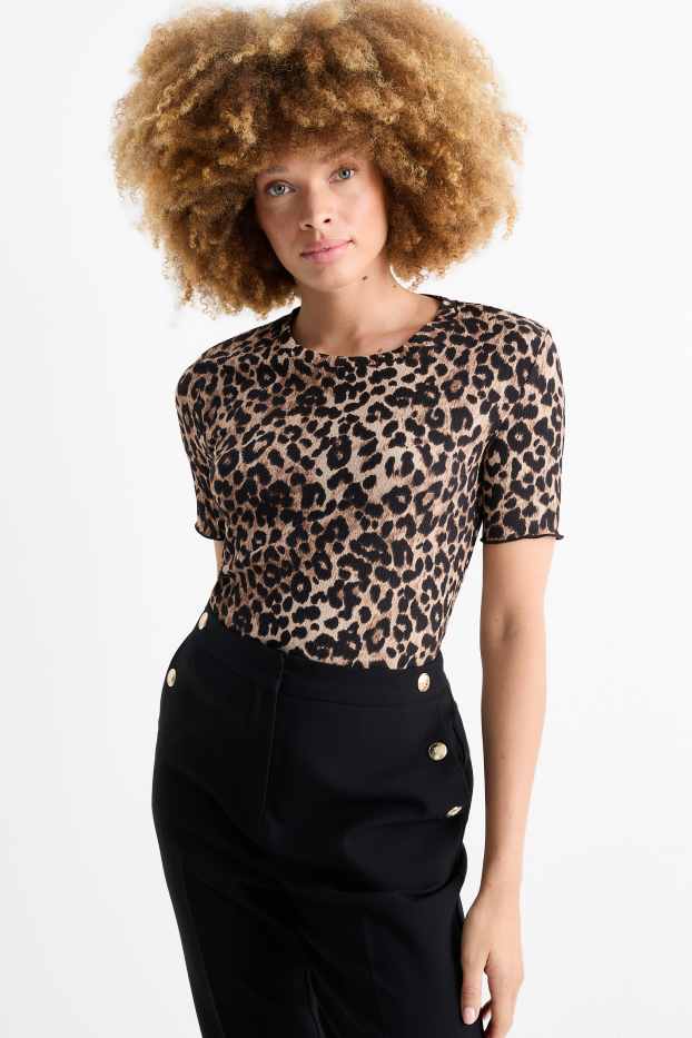 Damen - T-Shirt - Leo-Print - strukturiert - schwarz / beige