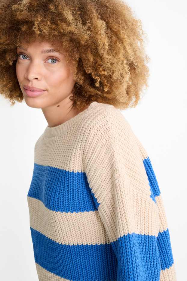 Damen - Pullover - gerippt - gestreift - blau