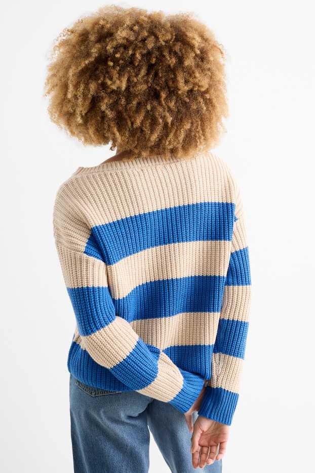 Damen - Pullover - gerippt - gestreift - blau