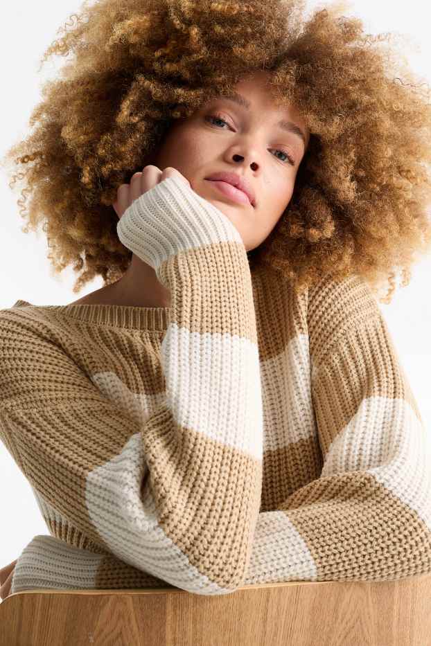 Women - Jumper - ribbed - striped - beige