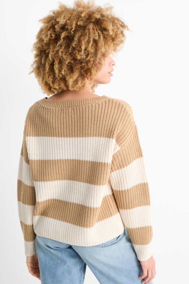 Women - Jumper - ribbed - striped - beige