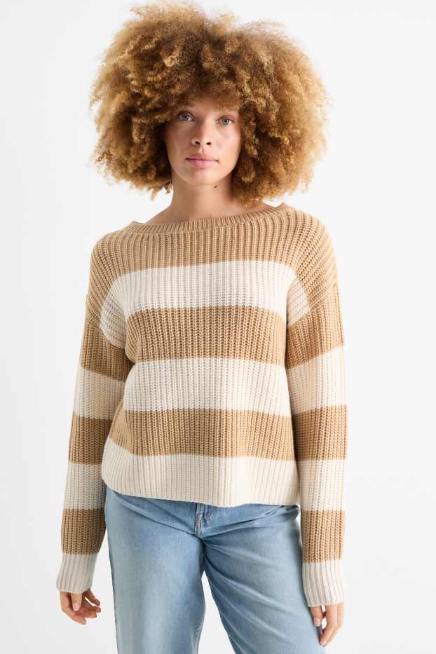 Women - Jumper - ribbed - striped - beige