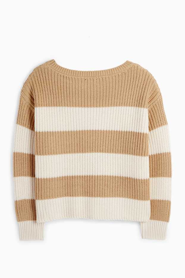 Women - Jumper - ribbed - striped - beige
