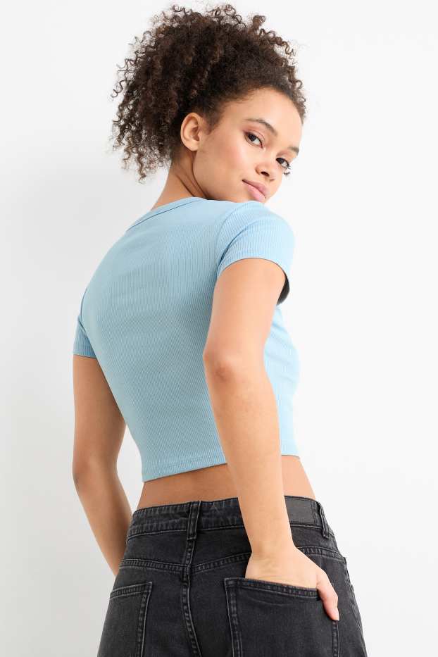 Damen - Crop T-Shirt - gerippt - hellblau