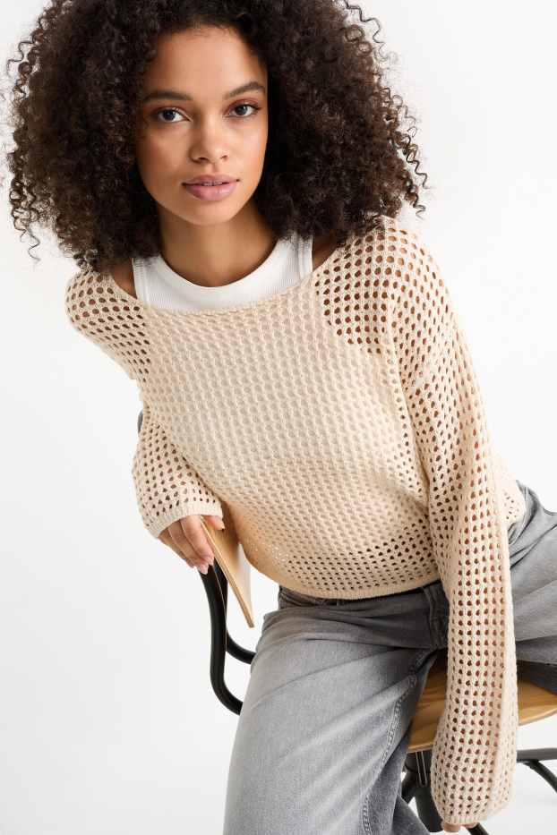 Femei - Pulover crop - bej deschis