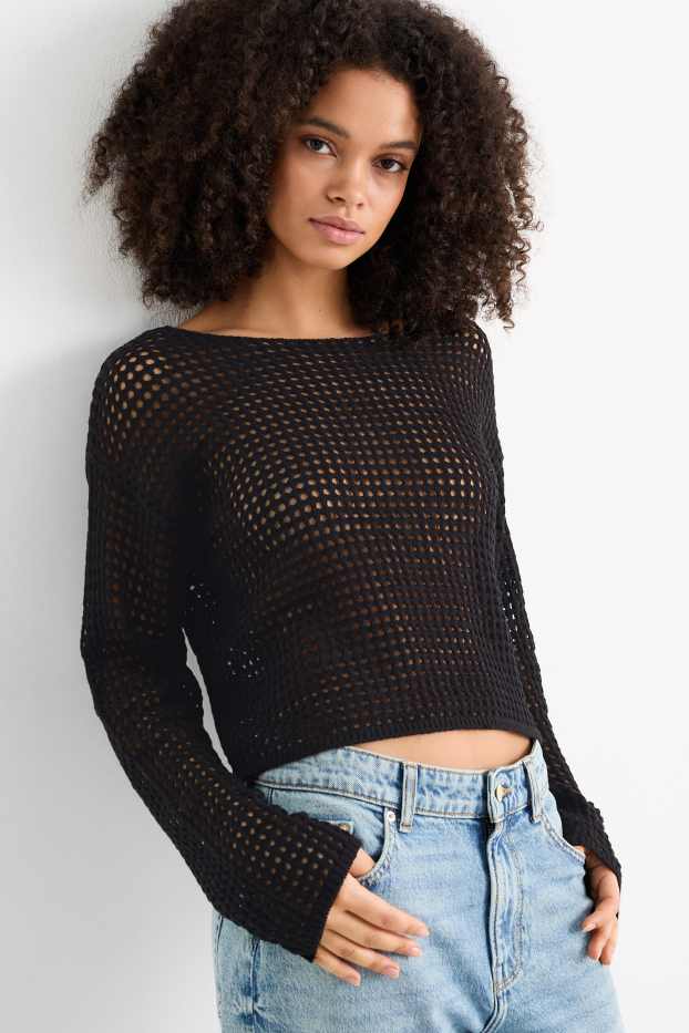 Femei - Pulover crop - negru