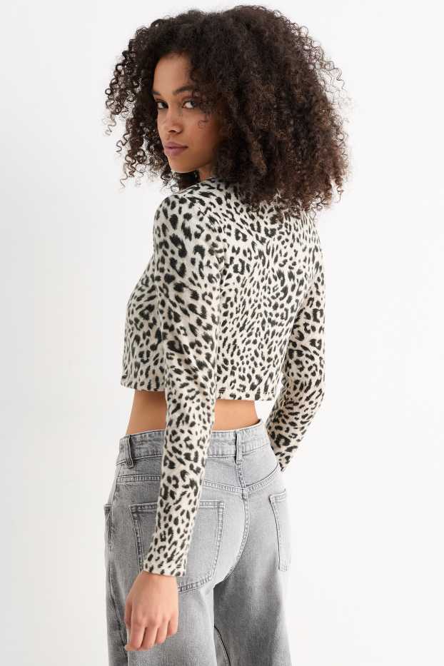 Damen - Crop Strickjacke - Leo-Print - schwarz / weiß