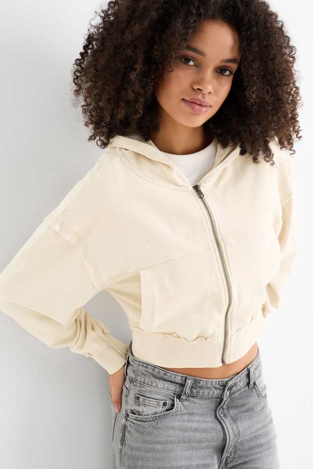 Mujer - Sudadera crop con cremallera y capucha - beige claro