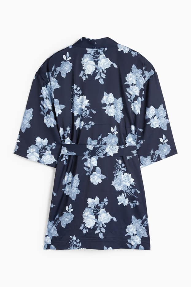 Femmes - Kimono de satin - à fleurs - bleu foncé