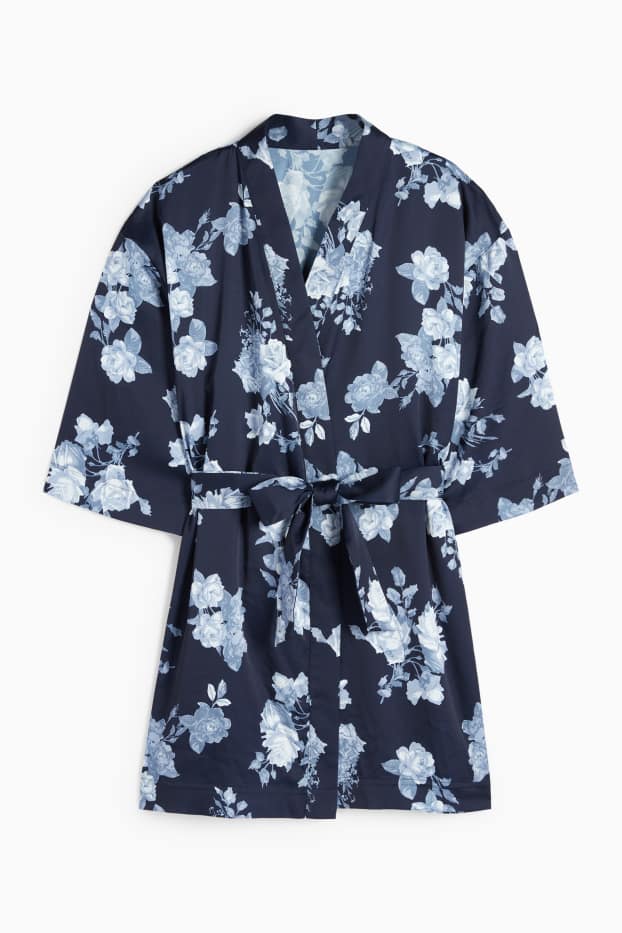 Femmes - Kimono de satin - à fleurs - bleu foncé