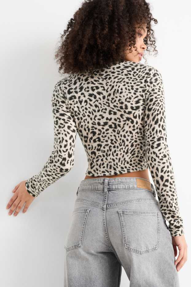 Donna - Maglia a maniche lunghe taglio corto - stampa leopardata - nero / bianco