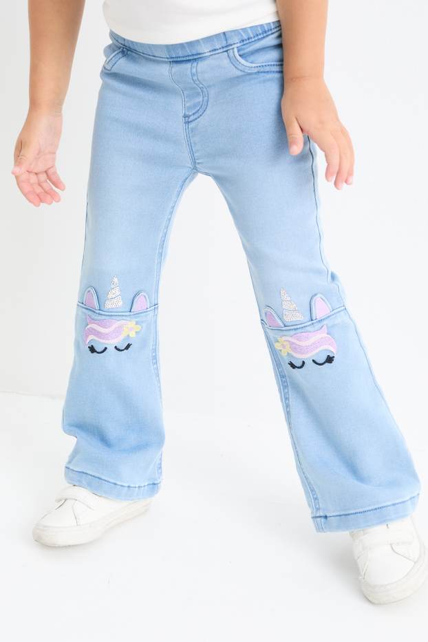 Kinder Mädchen - Multipack 2er - Einhorn und Herz - Flared Jeans - hellblau