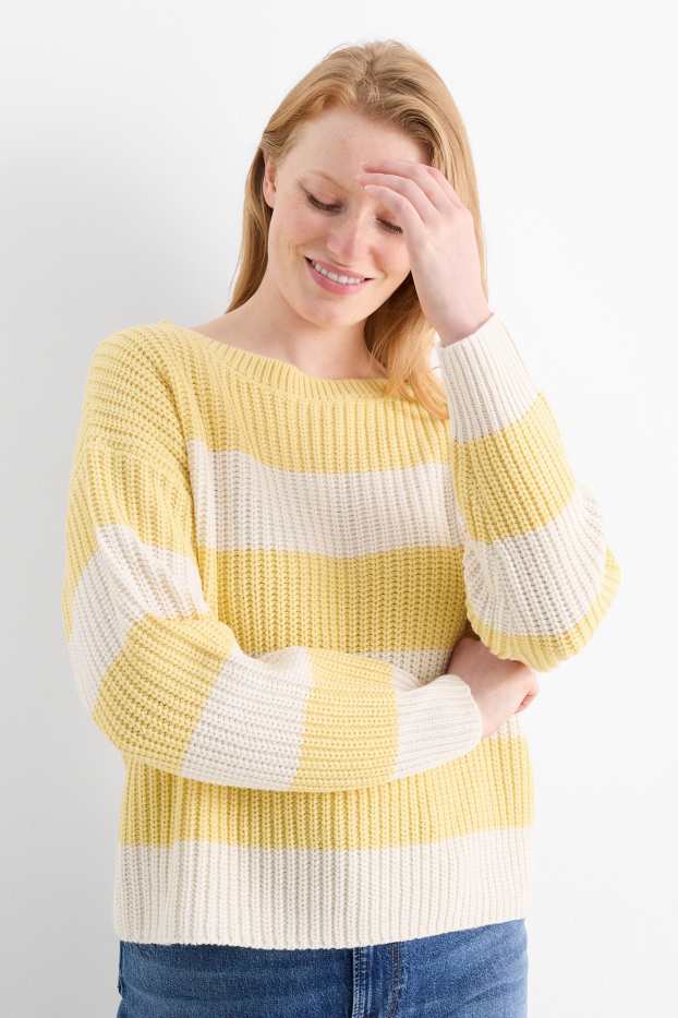 Damen - Pullover - gerippt - gestreift - gelb