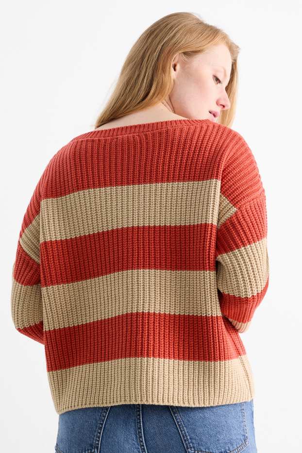 Femmes - Pull - côtelé - à rayures - rouge foncé